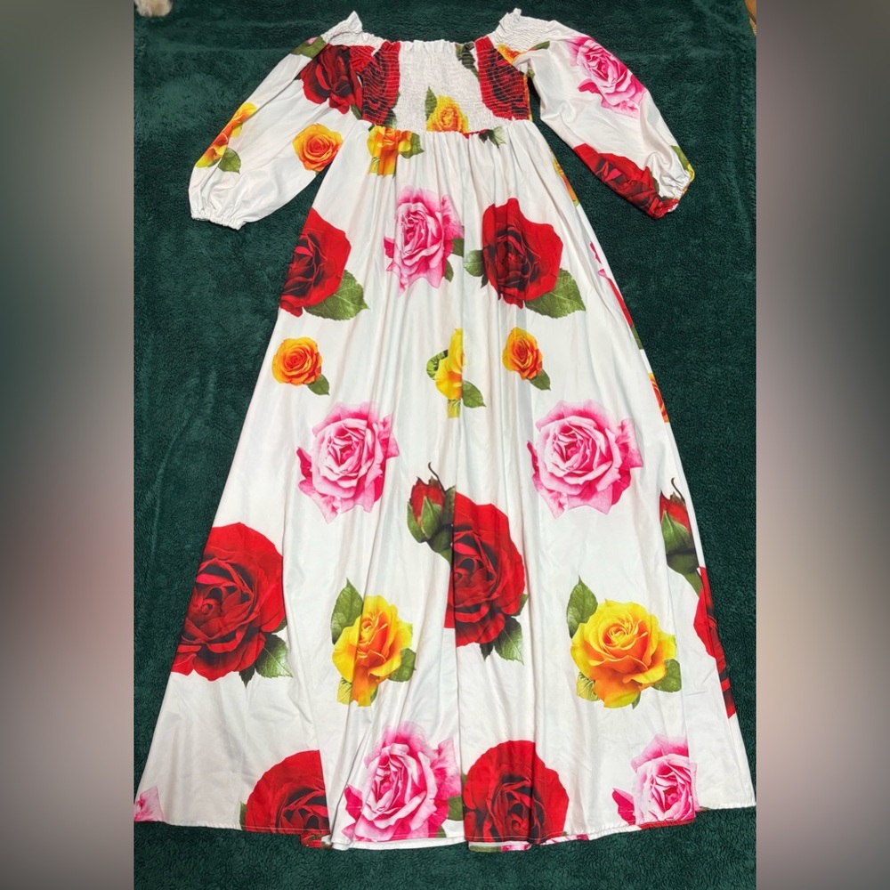 Bold Floral Maxi Dress with Red, Pink & Yellow Roses